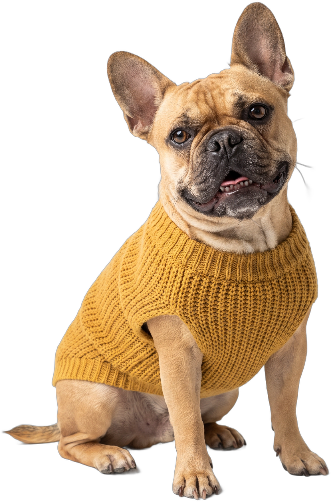 Un bouledogue français en pull tricoté moutarde