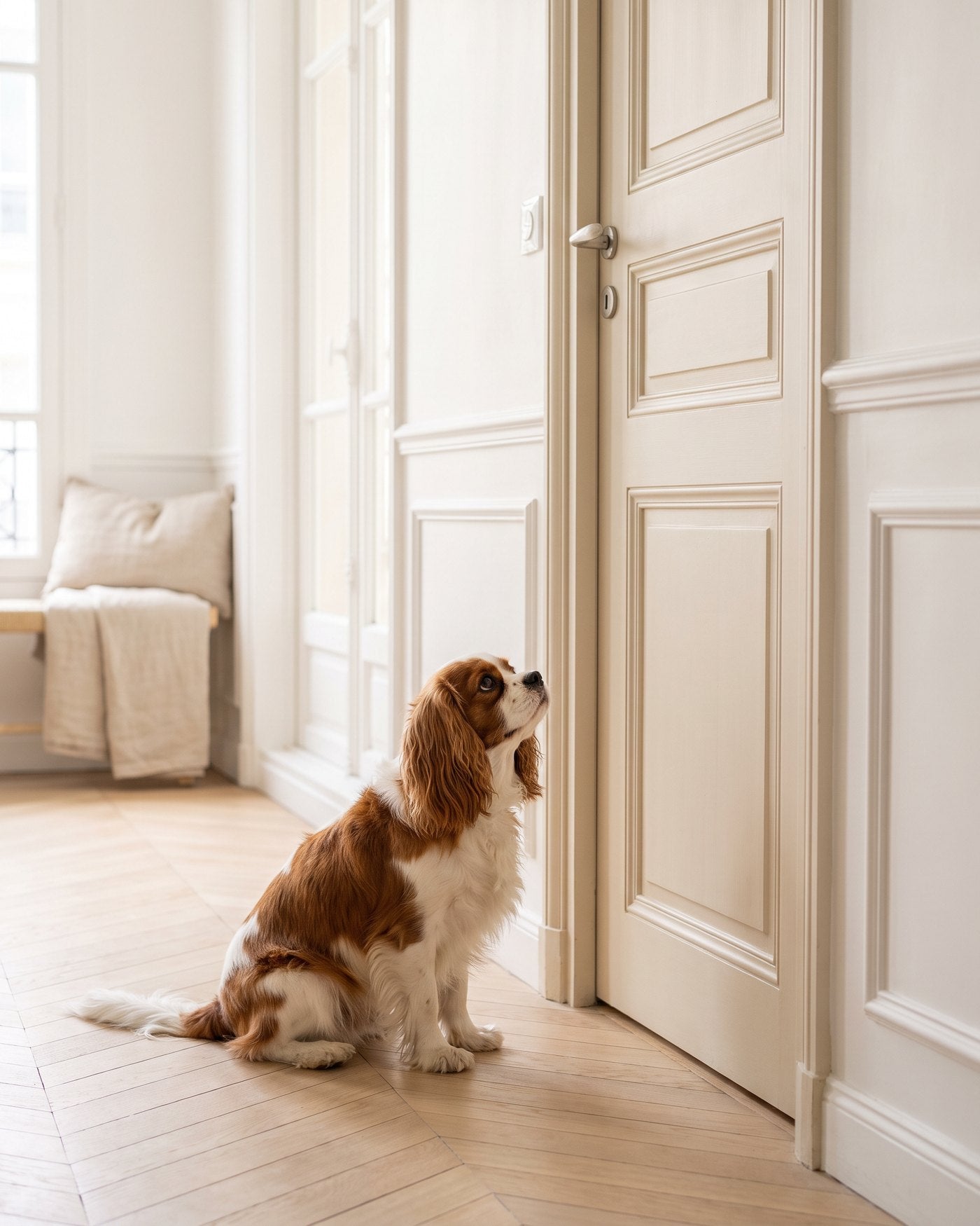 Un cavalier king-charles attend près de la porte de l'appartement