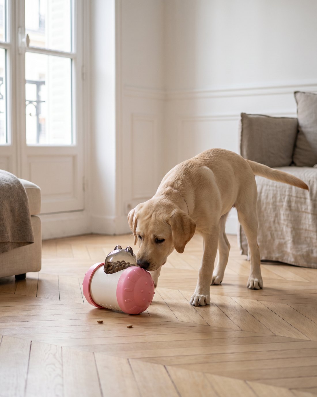 Un chien pousse du museau le distributeur de friandises oscillant