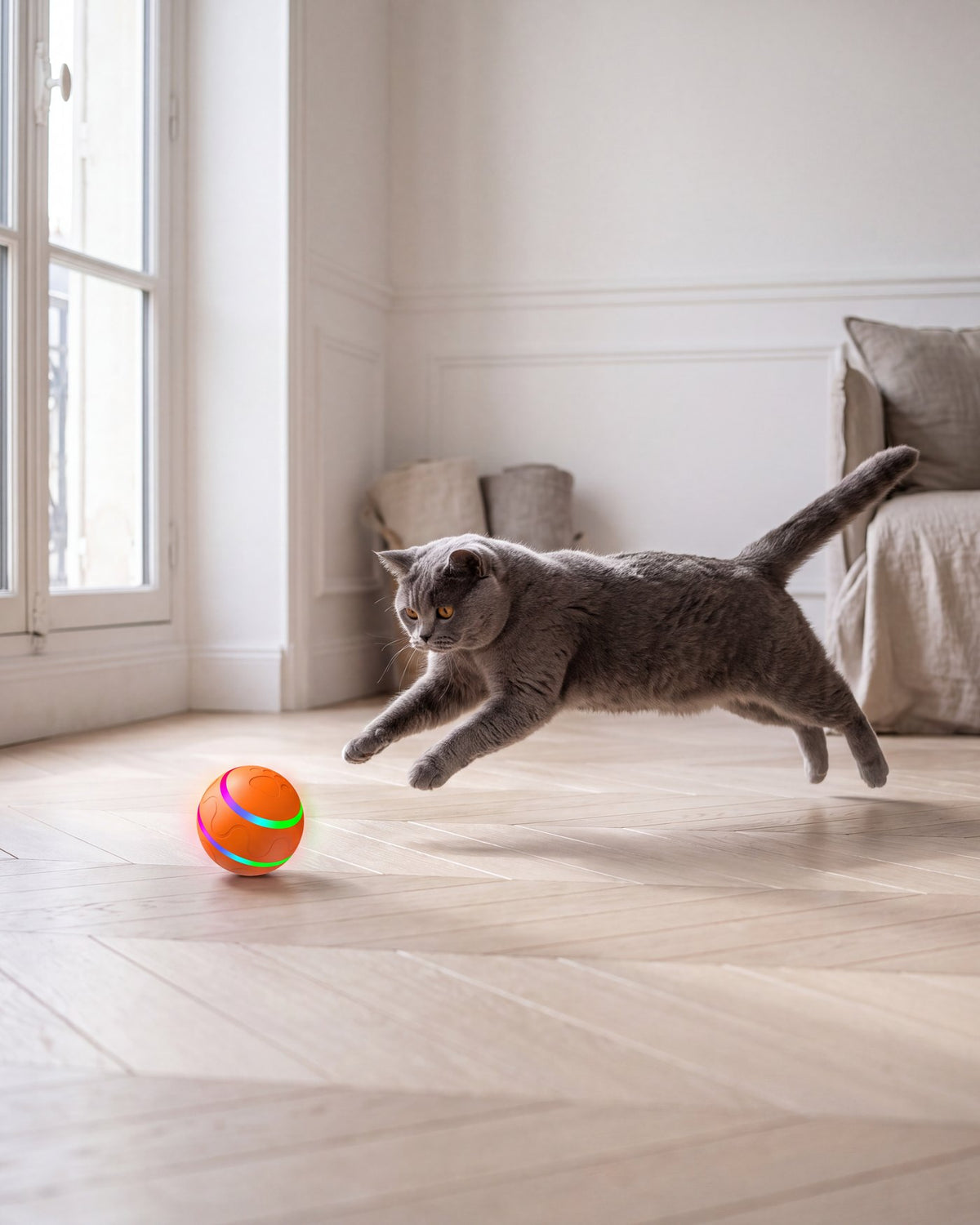 Un British Shorthair poursuit la balle LED roulante