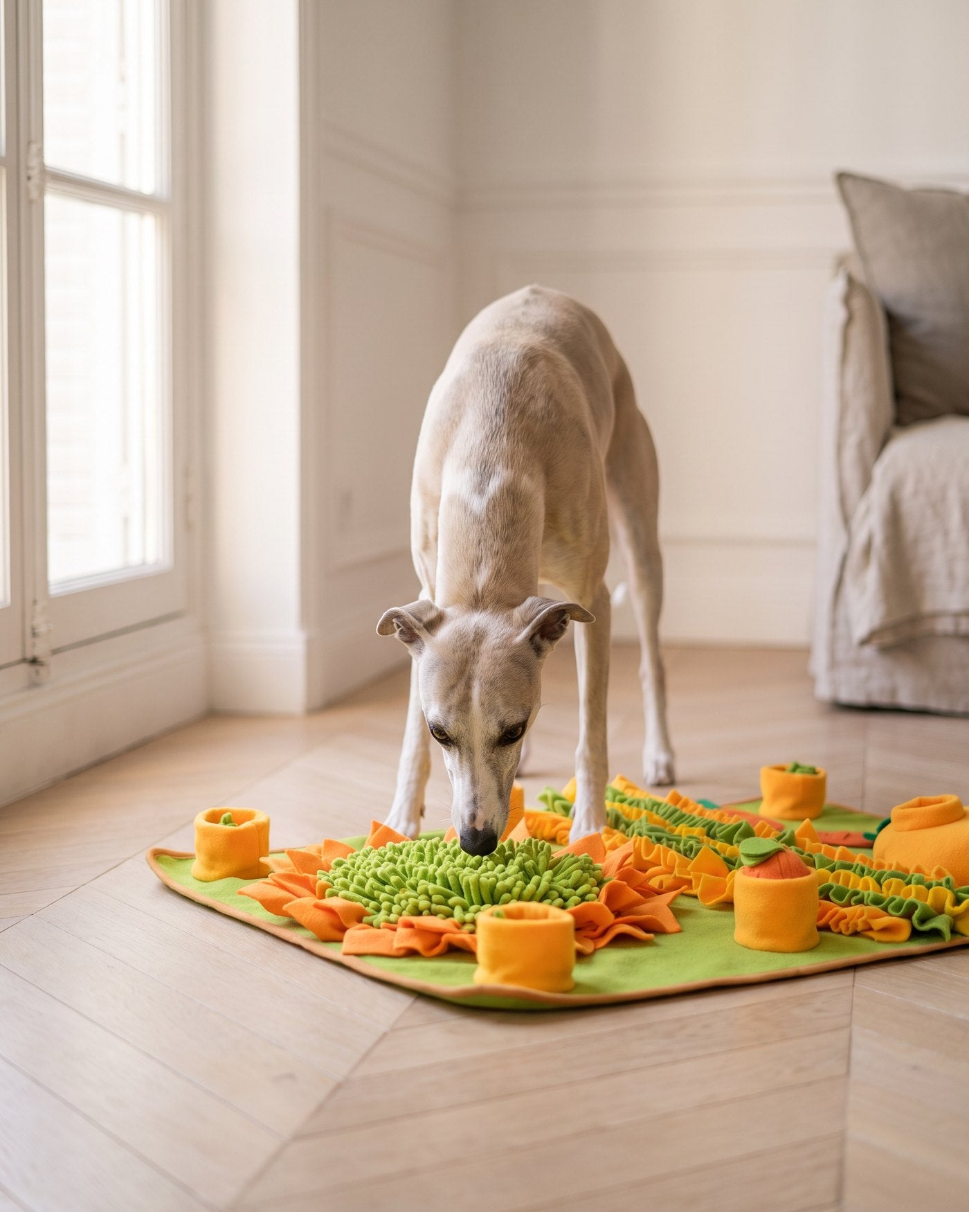 Un whippet s'affaire sur le tapis de fouille près de la fenêtre
