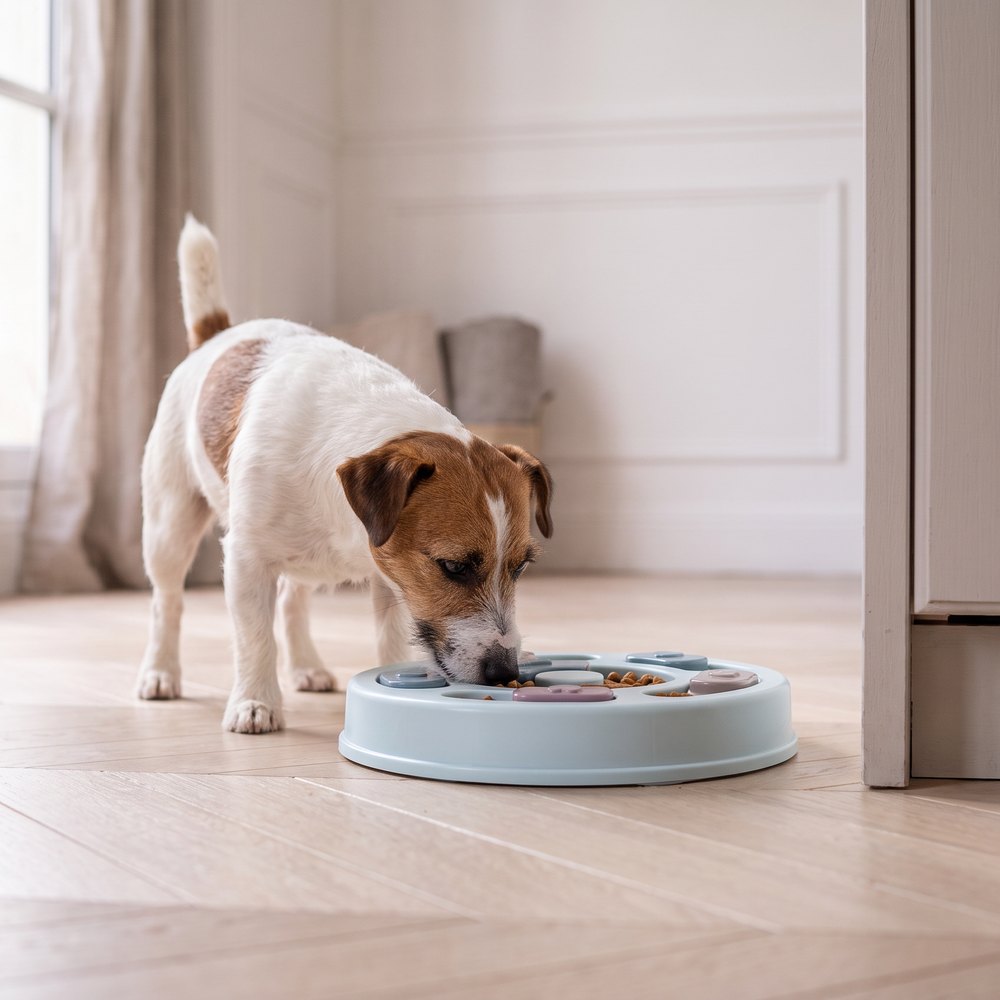 Un chien mange dans la gamelle anti-glouton