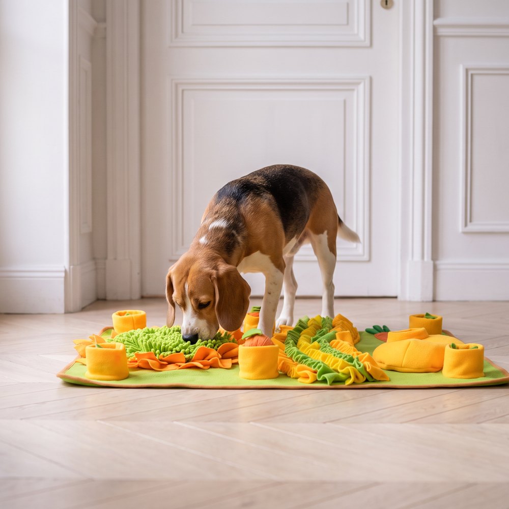 Un beagle explore le tapis de fouille du bout du nez