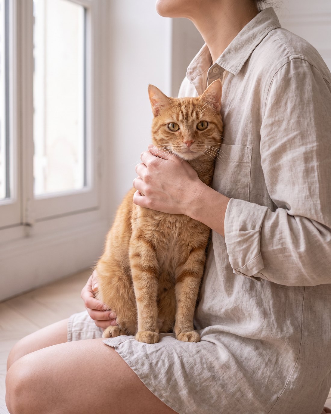 Une personne tient un chat roux près de la fenêtre