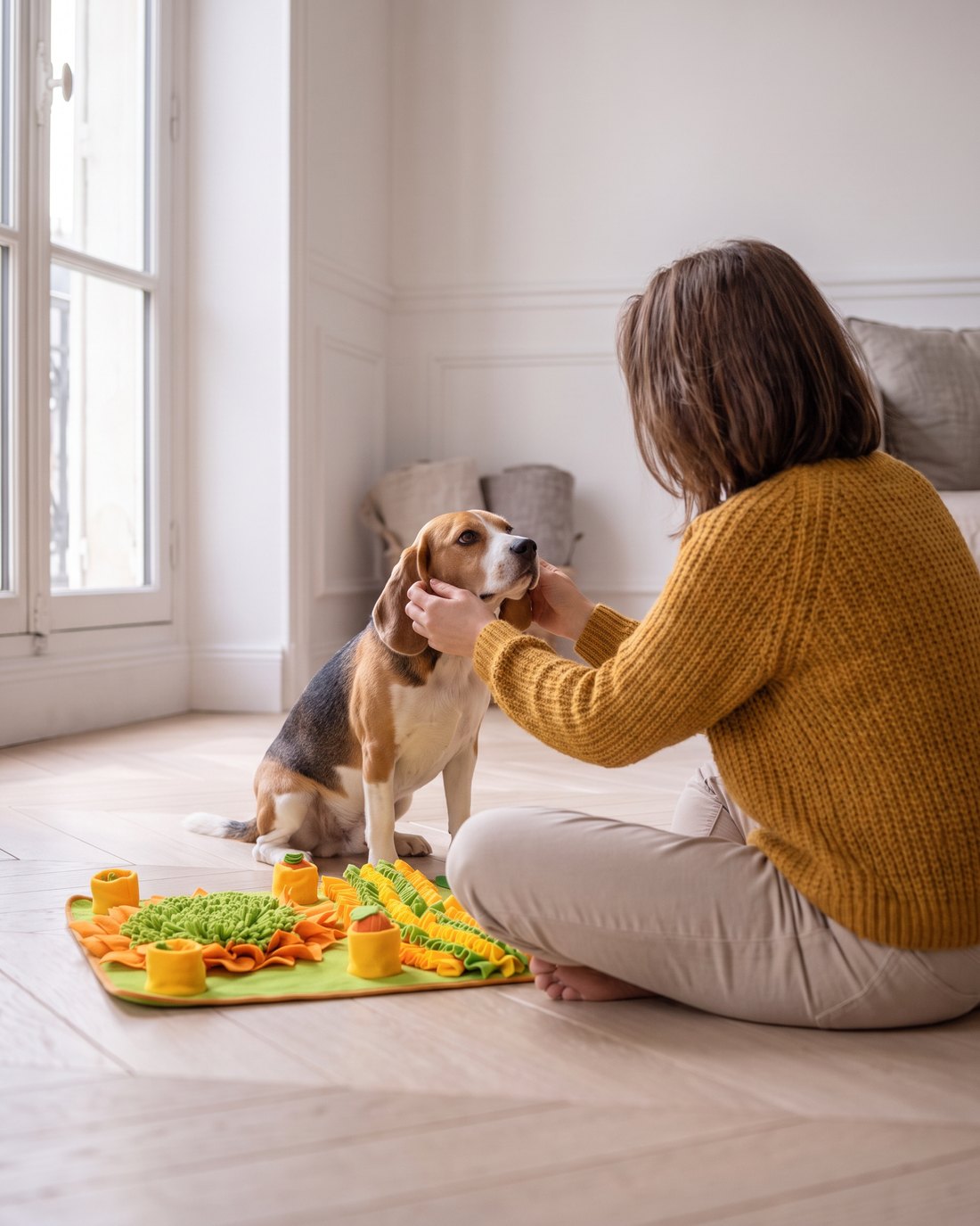 Une personne caresse les oreilles d'un beagle à côté du tapis de fouille